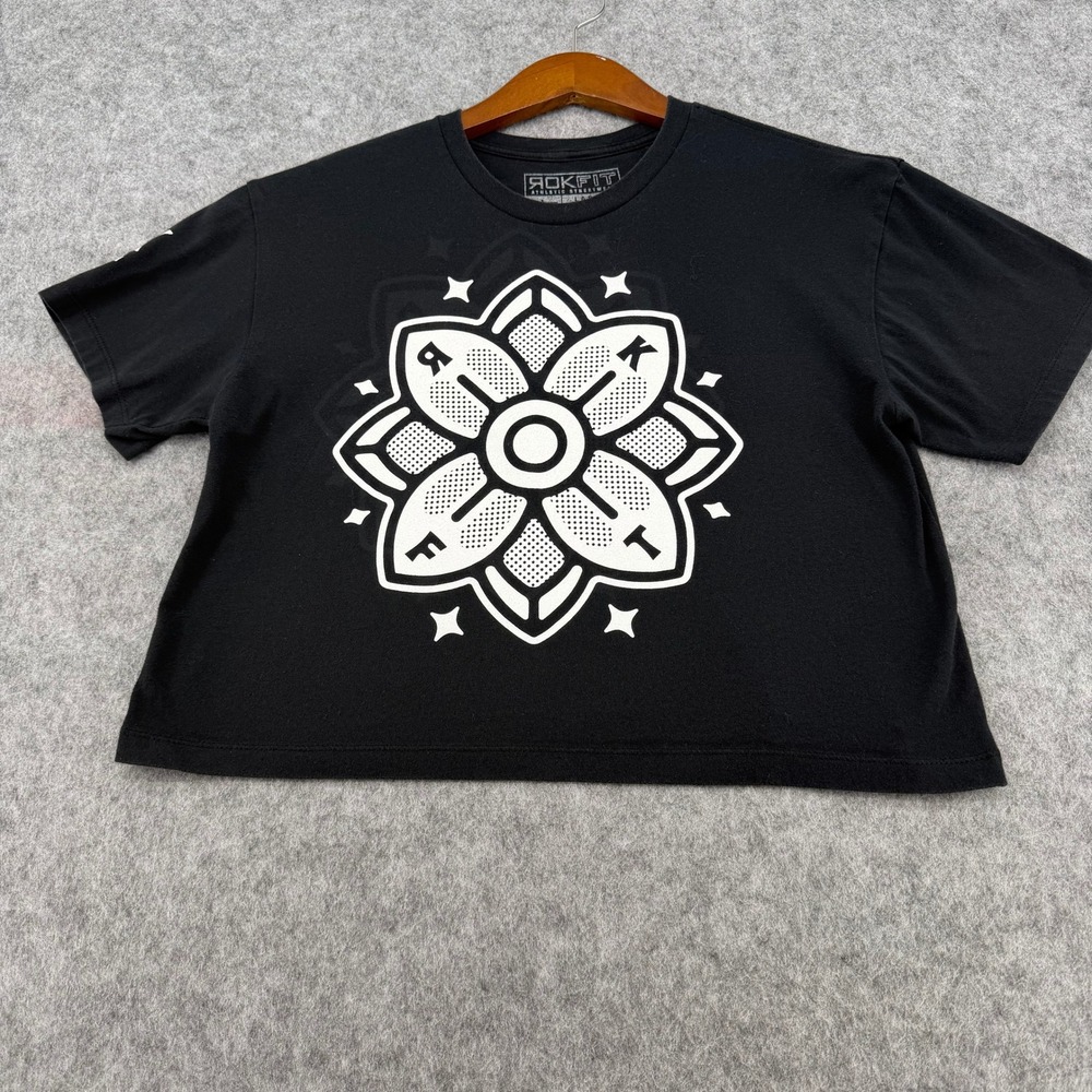 Rokfit Athletic Streetwear Womens Black Graphic Crop Top Tee Large L 5735